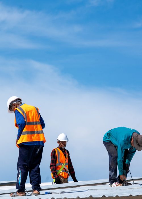 Roofing,Construction workers wearing safety harness checking and installation assembly of new roof,Roofing tools.