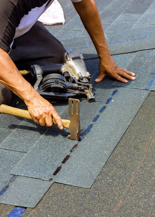An installation worker using an air pneumatic nail gun installed new bitumen shingles on roof